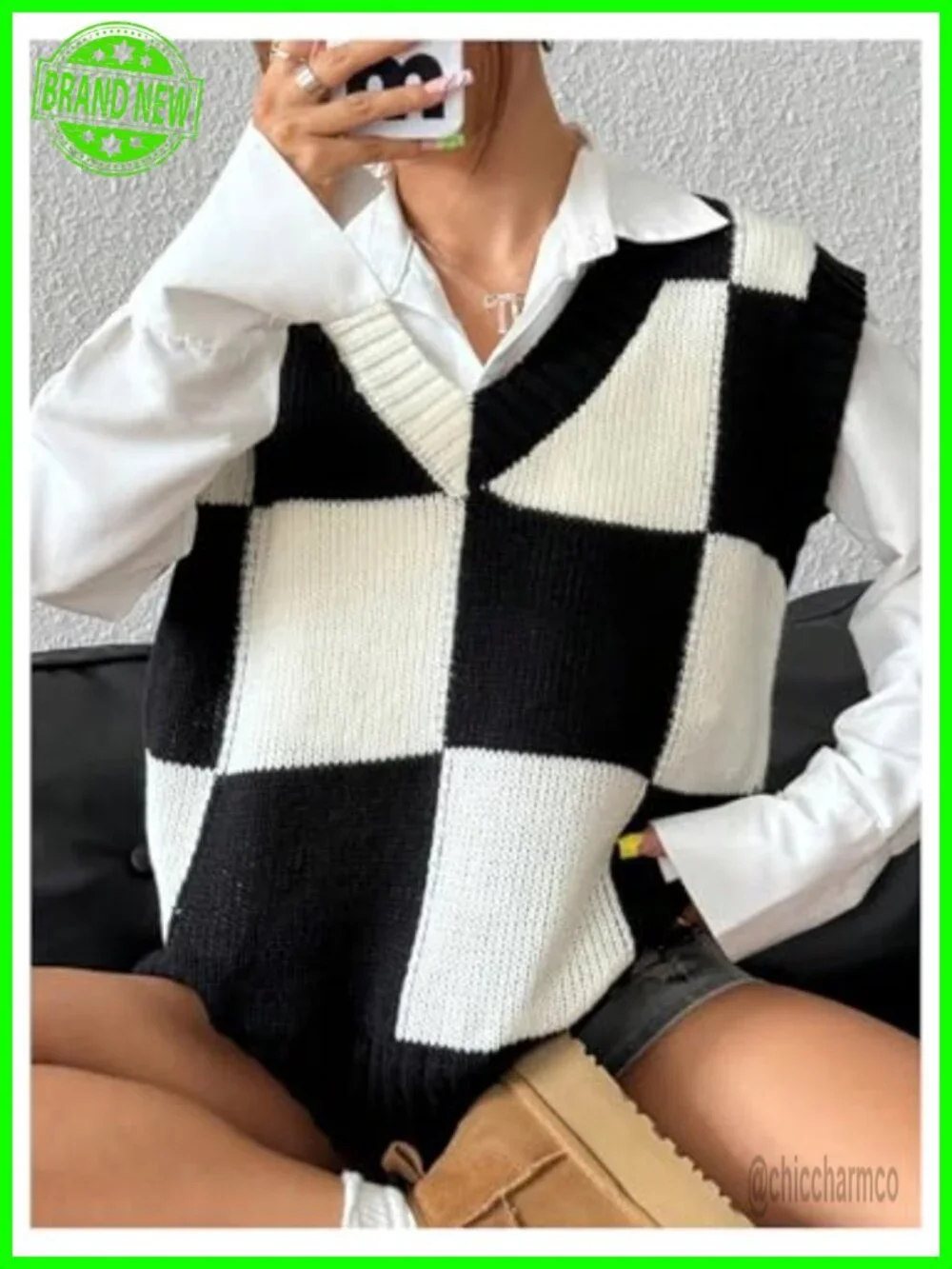 V-Neck Plaid Knit Sweater Vest Cap Sleeve Oversized